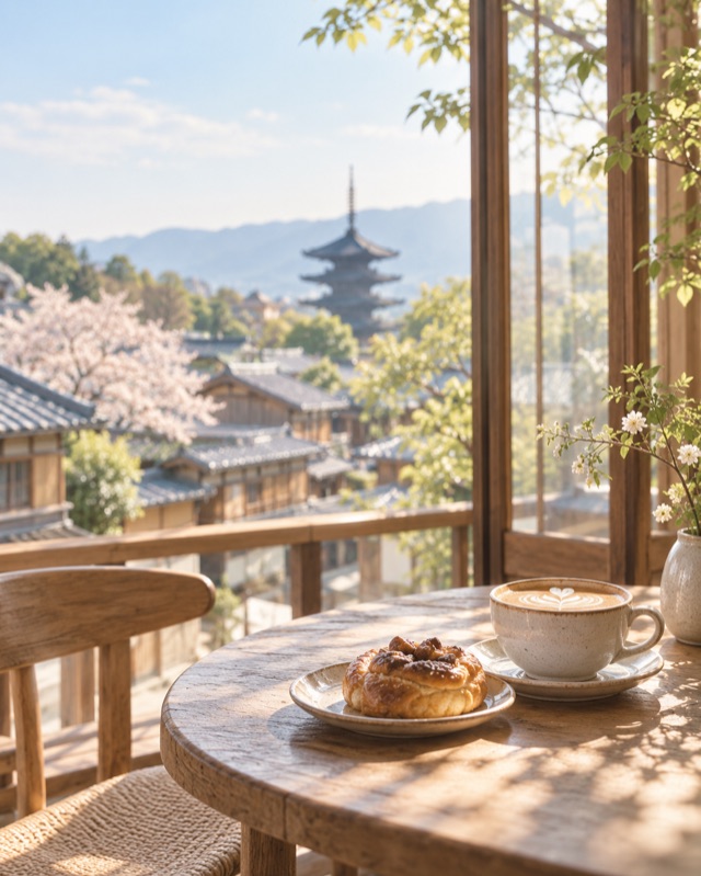 窓の外に桜と五重塔が見える、やわらかな光のカフェ